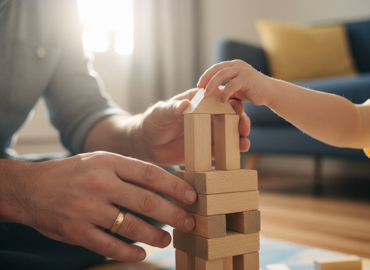 A father and child's hands building together with wooden blocks
