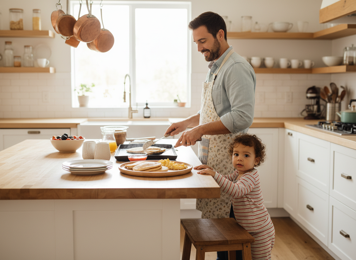 A dad cooking breakfast while a toddler watches in a bright kitchen