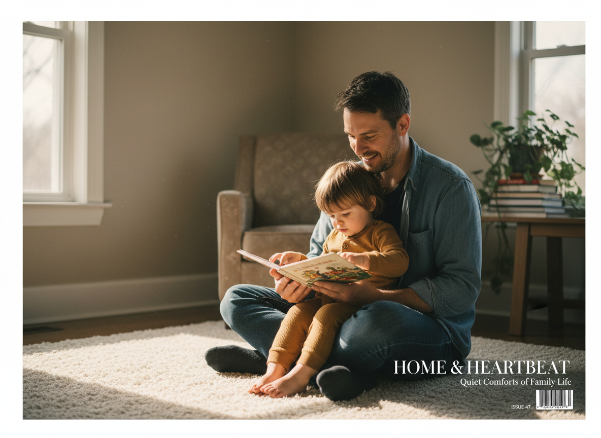 A father and child sharing a quiet moment at home in warm natural light