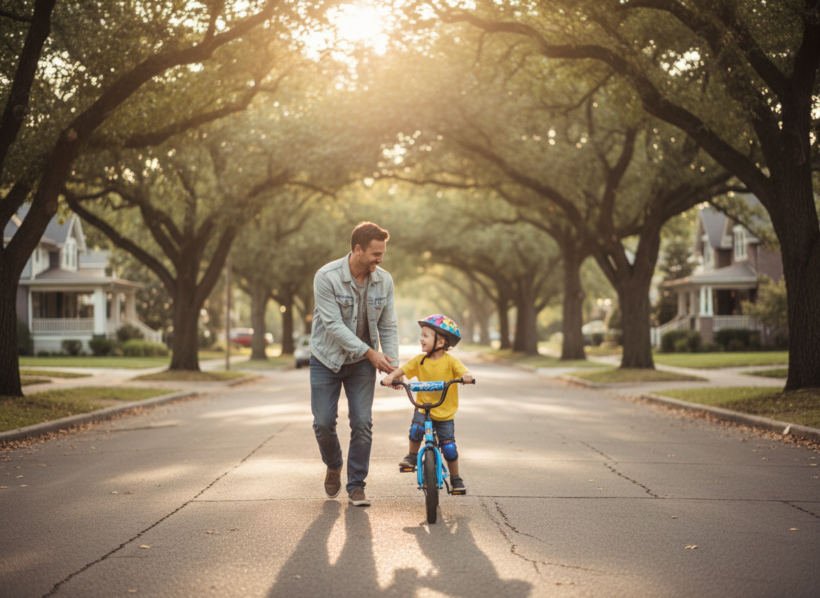 A father teaching a child to ride a bike outdoors at golden hour