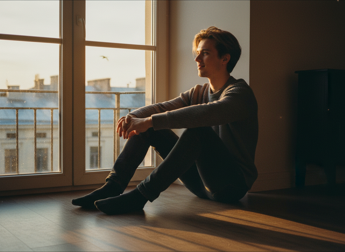 A quiet, contemplative moment of a young man sitting alone by a window at golden hour, hands clasped, looking thoughtful and hopeful.