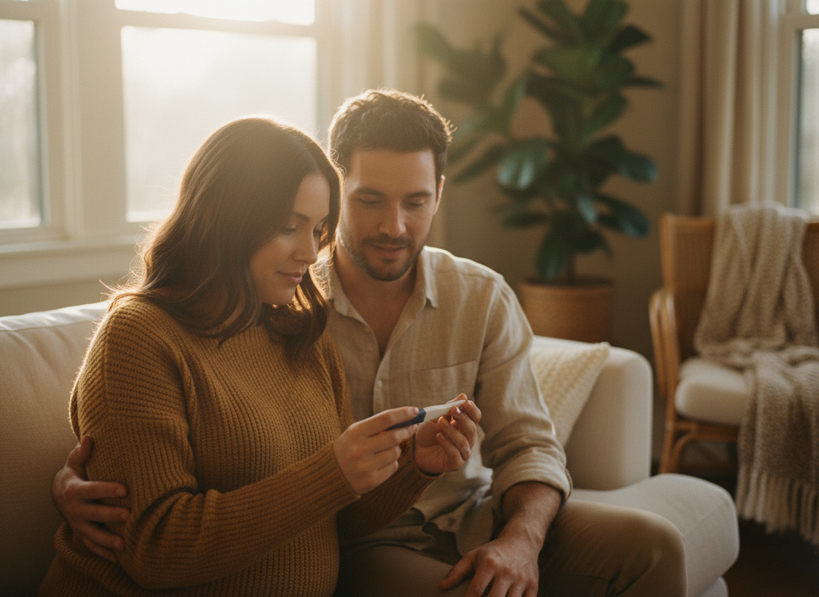 A warm, cinematic close-up of an expectant couple sitting close together in soft golden morning light near a window, the woman gently holding a positive pregnancy test between them, both looking down at it with quiet emotion.