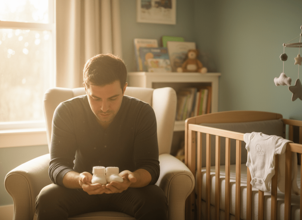 A warm, emotional and cinematic photo of a man sitting quietly in a nursery room, soft golden light coming through a window, a crib nearby, he's looking down thoughtfully, maybe holding a tiny pair of baby shoes or a onesie. The mood is tender, a little vulnerable, hopeful. Shot like a lifestyle editorial photo, not stock photography.