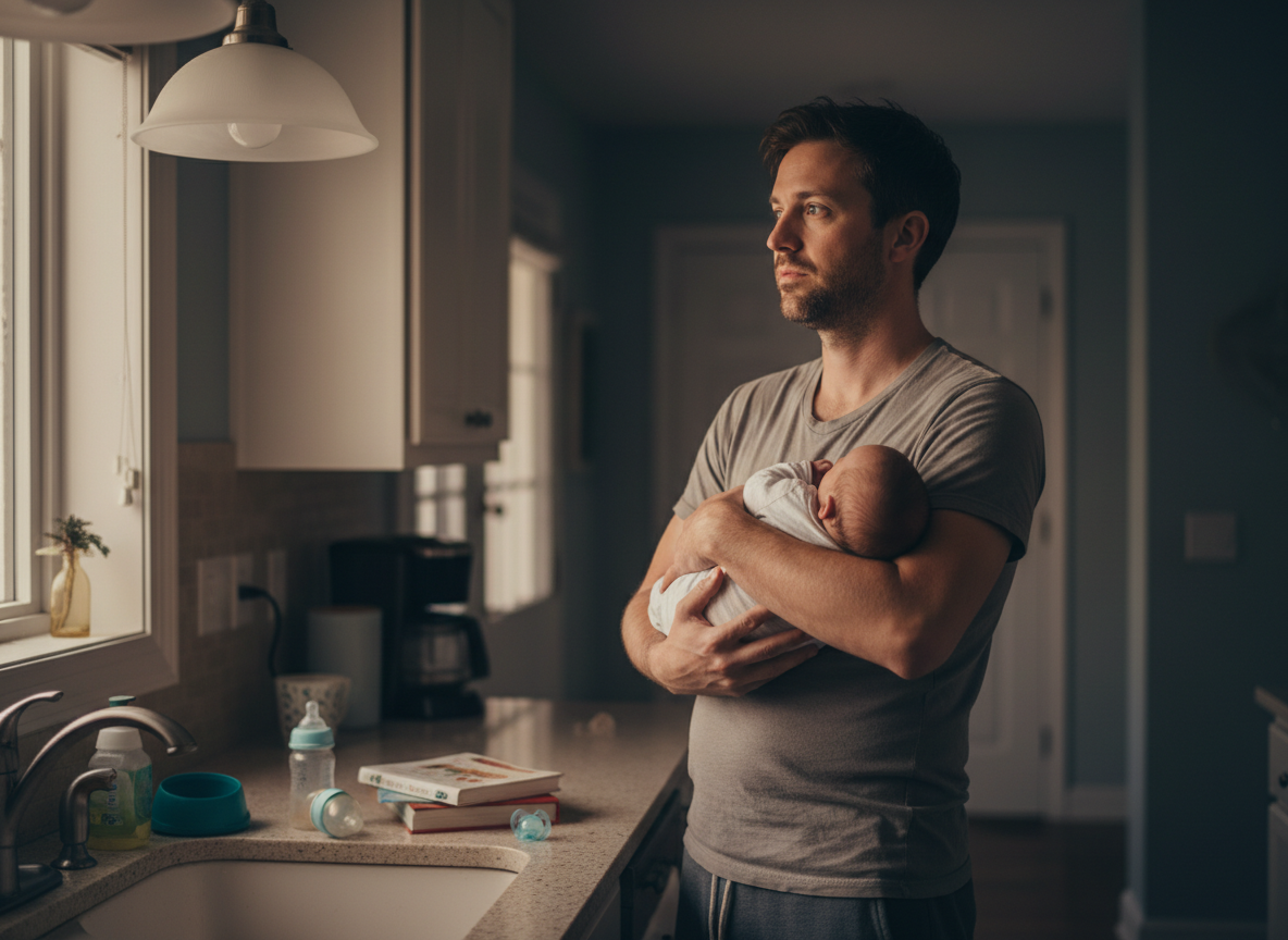 A new dad standing alone in a quiet kitchen at night, looking slightly overwhelmed but determined, soft warm lighting, cinematic, documentary style photography
