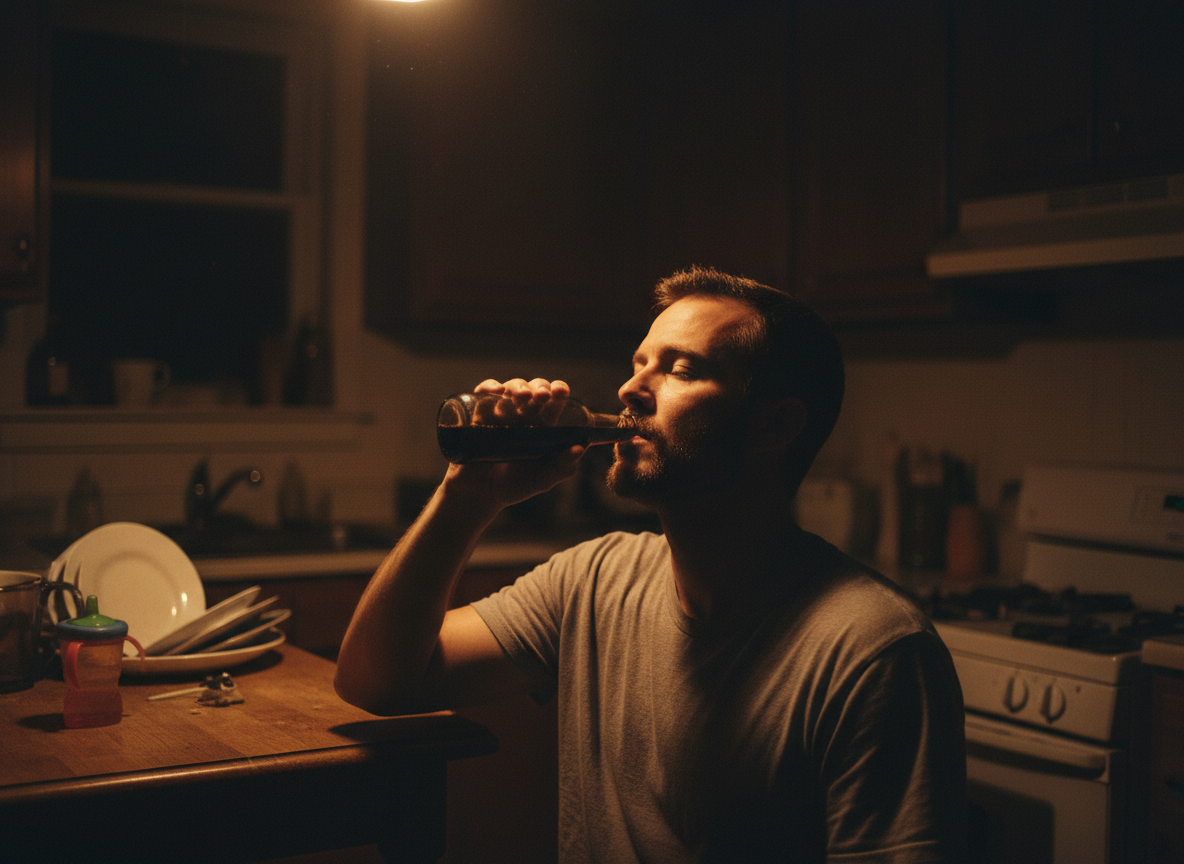 A dad alone in a dim kitchen late at night, taking a quiet swig from a bottle, tired eyes, raw and honest moment, cinematic documentary style, warm shadows
