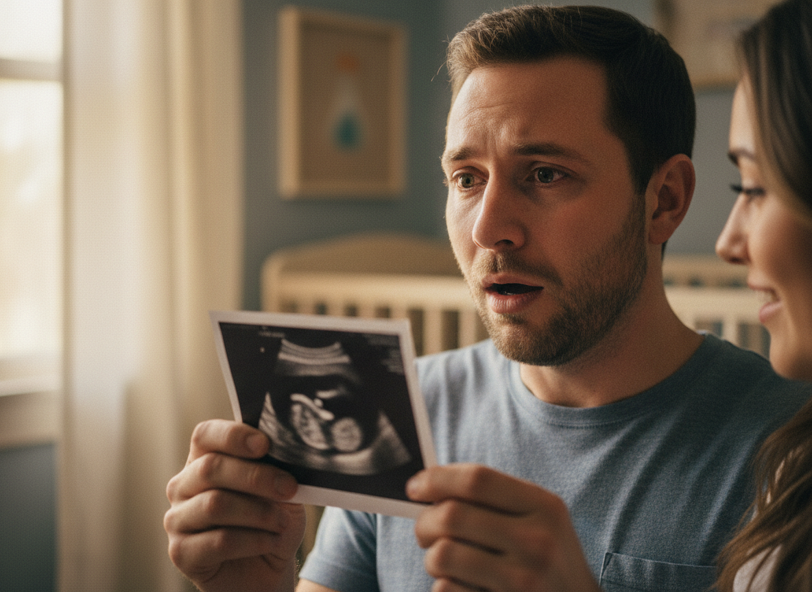 A dad seeing a grainy 3D ultrasound image for the first time, emotional and awestruck, warm soft lighting, intimate and tender moment, cinematic documentary style photography