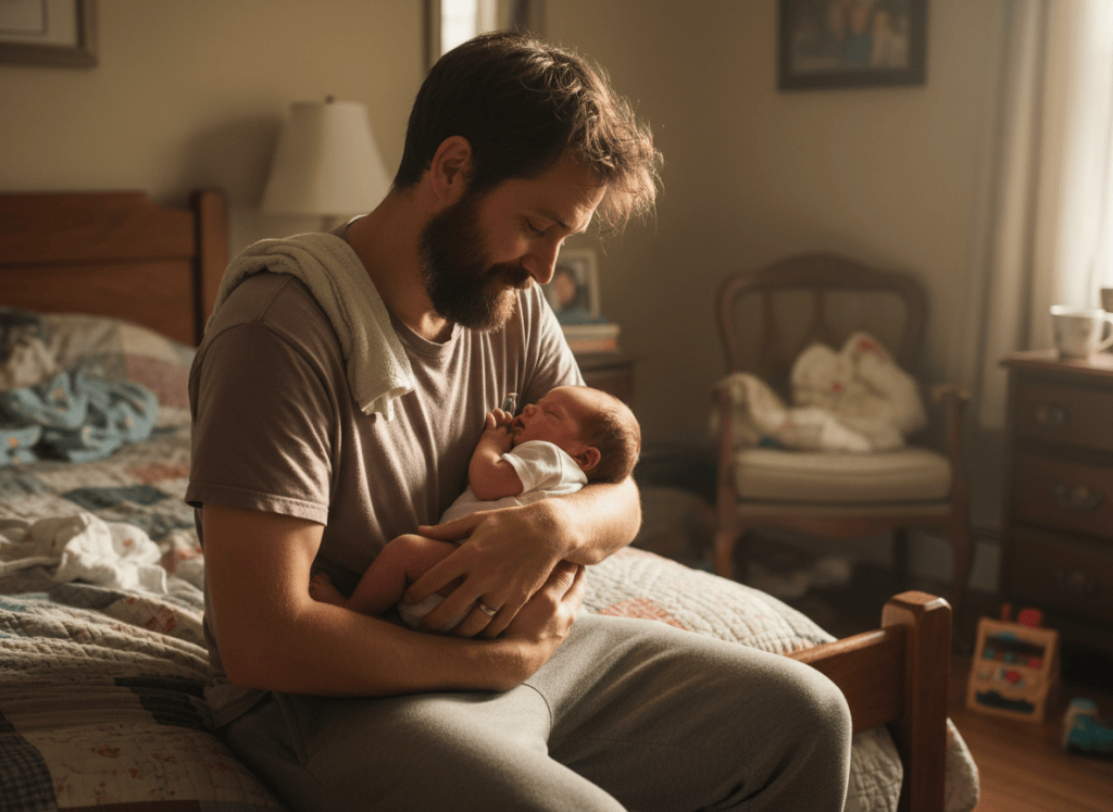 A warm, emotionally resonant editorial photograph for a personal article about fatherhood and the beautiful exhaustion of raising children: a tired but joyful father sitting on the edge of a bed at dawn, gently holding a sleeping baby, soft golden morning light, lived-in bedroom, intimate candid atmosphere, subtle humor and tenderness, realistic photography, no text, no logos.